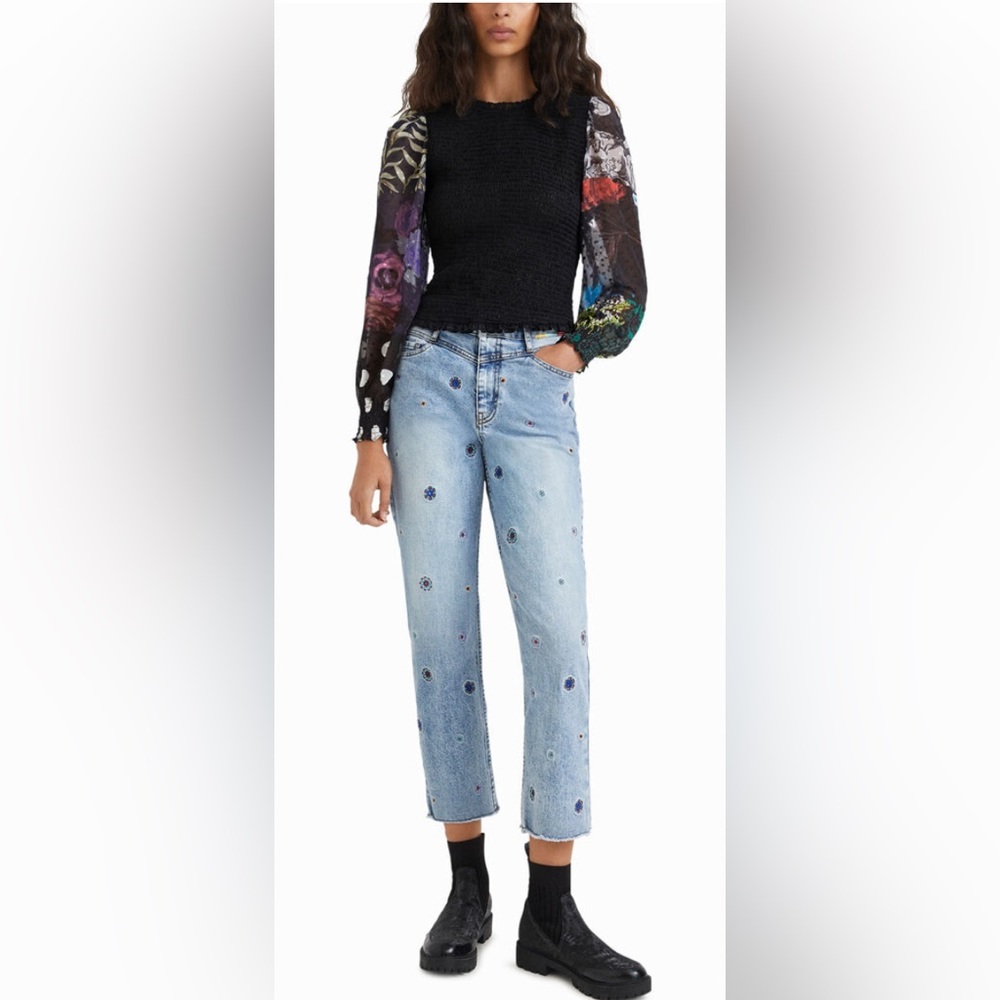 DESIGUAL Sheer Black Floral Sleeve Top size small - Picture 2 of 12